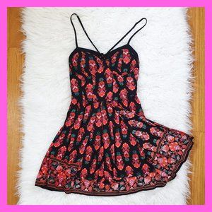Romper Dress Floral Folk Boho Summer Band of Gypsies Flowy Shorts Black Red - S